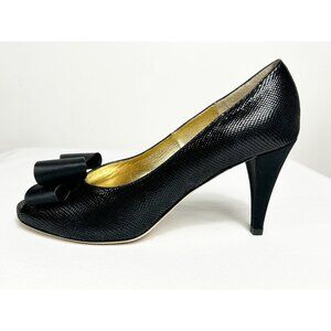 Ron White Fiona Onyx Embossed Suede Bow Peep Toe Pump in Black - Sz 39.5